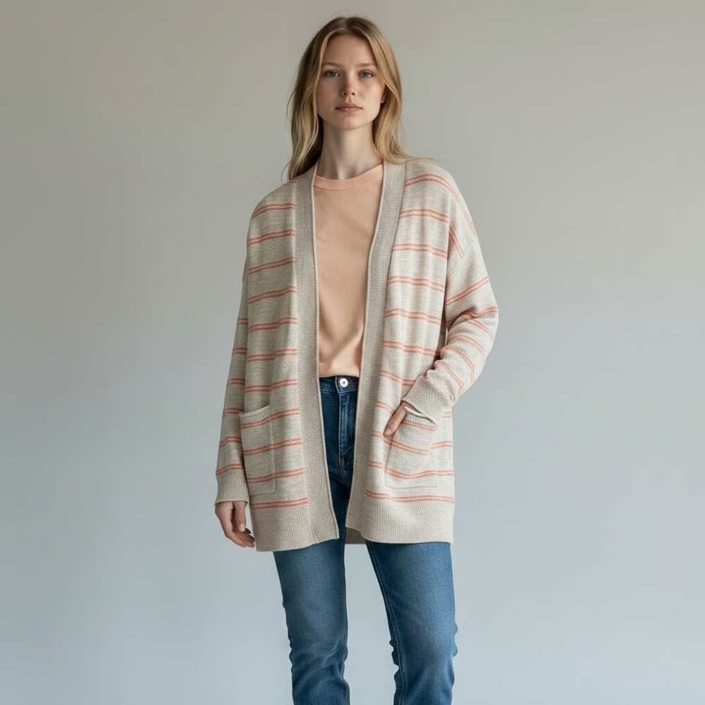 Madewell Cardigan Sweater Women S Heather Beige Striped Open Front Cotton Casual